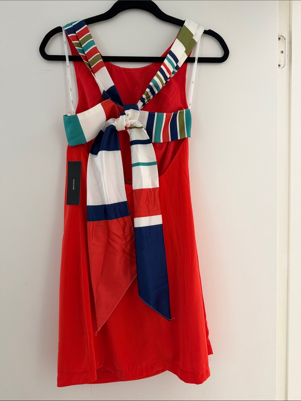 Lulu's Red Dress with Navy, White and Green Stripe tie in back, open back